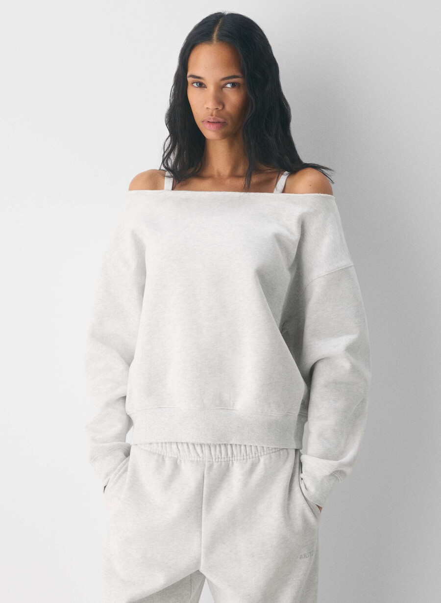 cozy sweatfleece bf off-shoulder sweatshirt heather cloud white