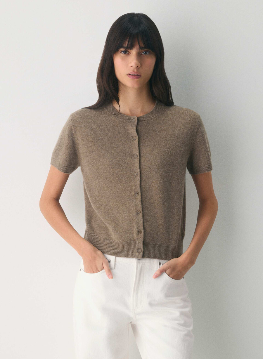 bare cashmere shortsleeve crew cardigan heather folio brown