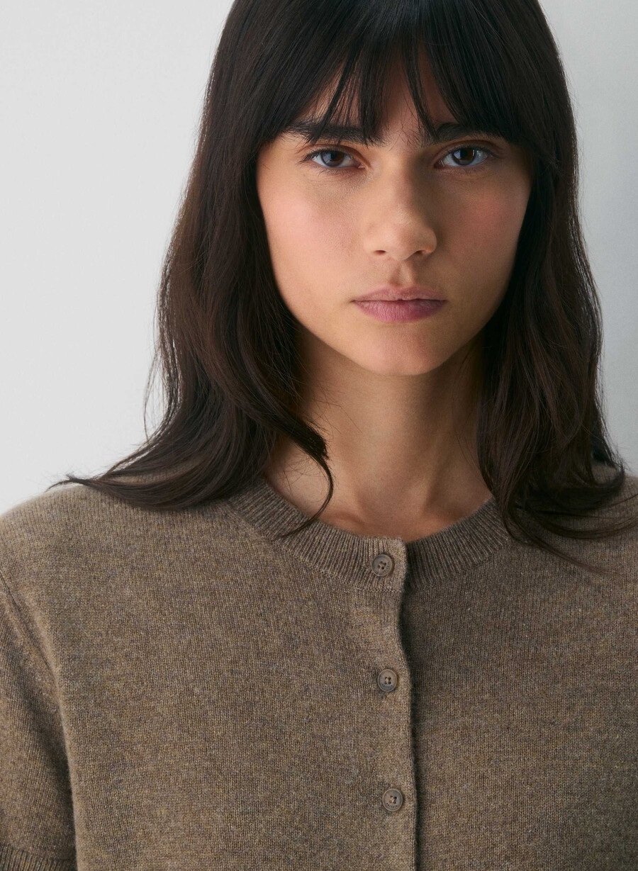 bare cashmere shortsleeve crew cardigan heather folio brown