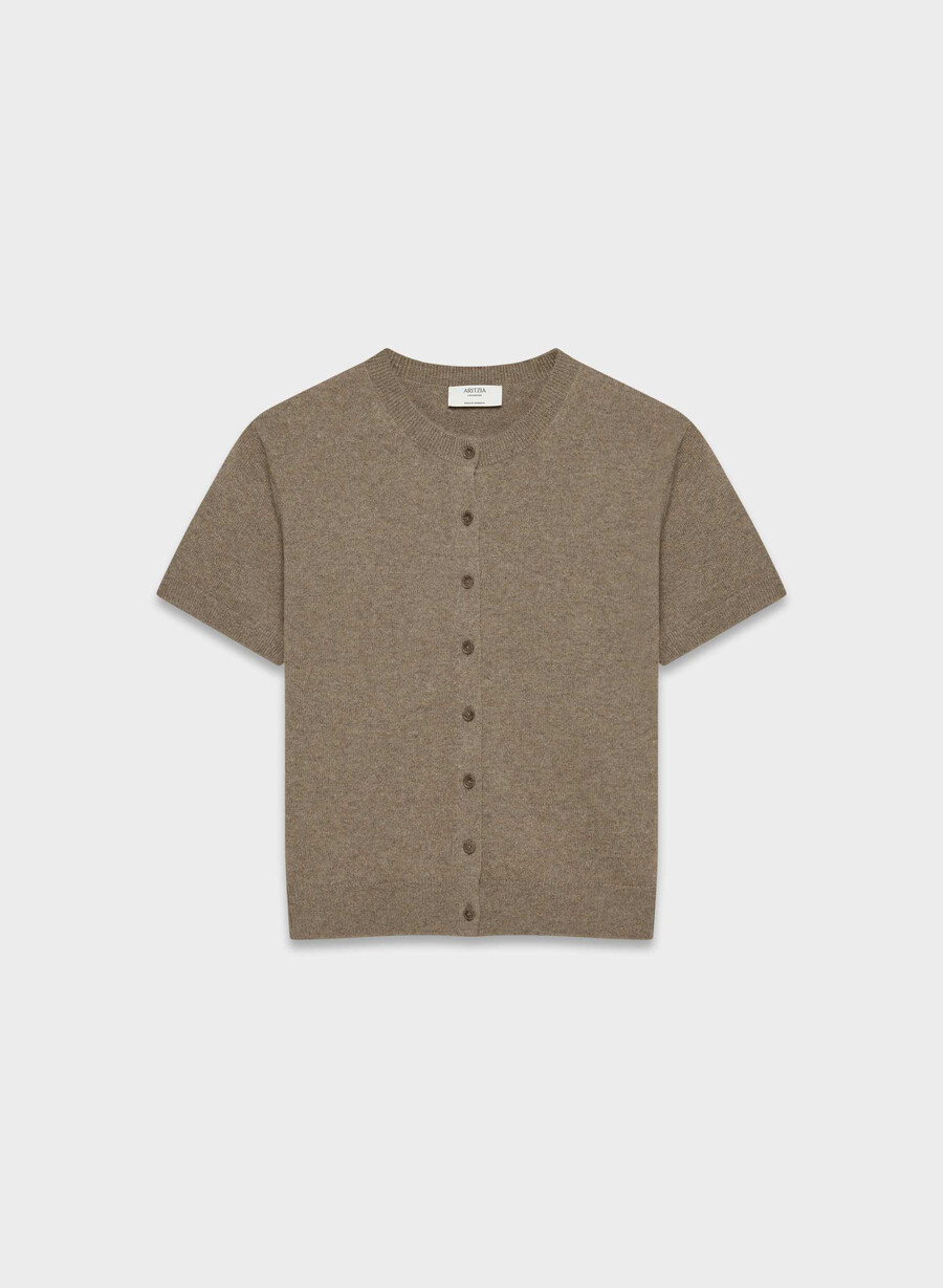 bare cashmere shortsleeve crew cardigan heather folio brown