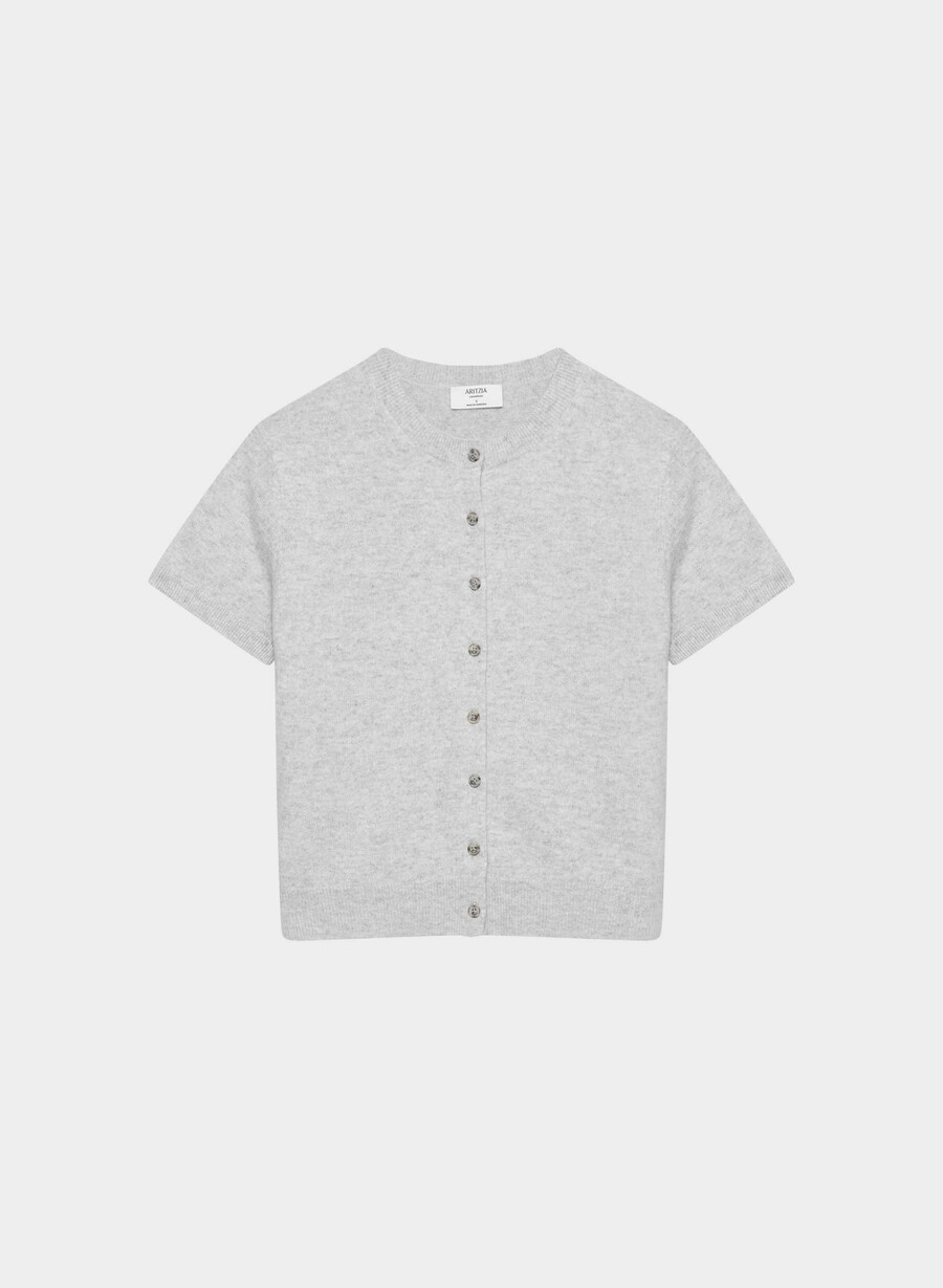 bare cashmere shortsleeve crew cardigan heather chrome