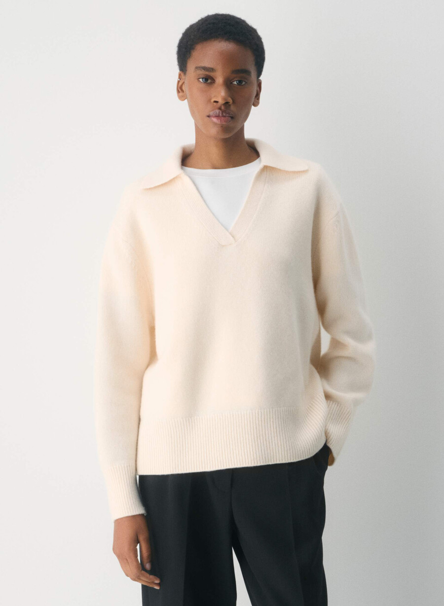 plush cashmere oversized polo sweater whisper white