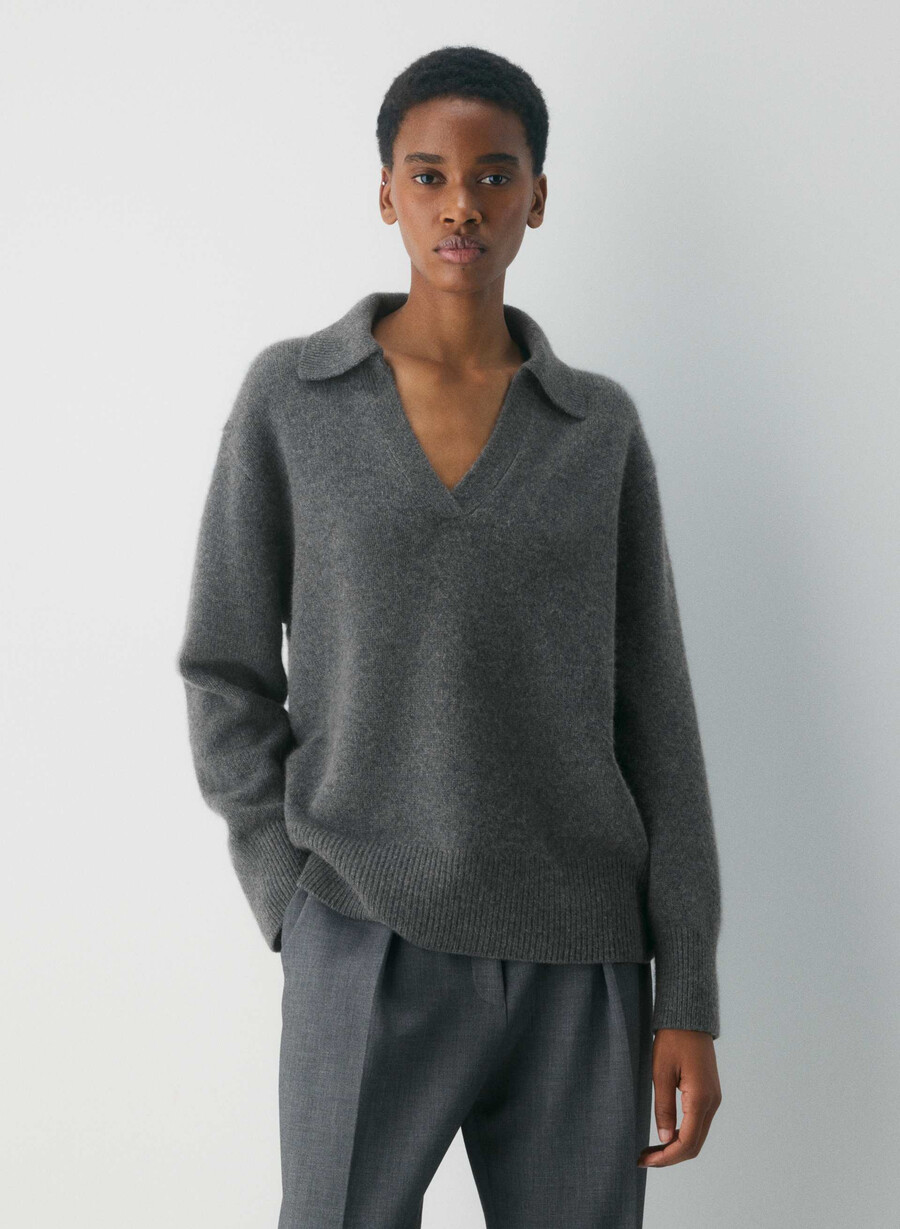 plush cashmere oversized polo sweater heather charcoal