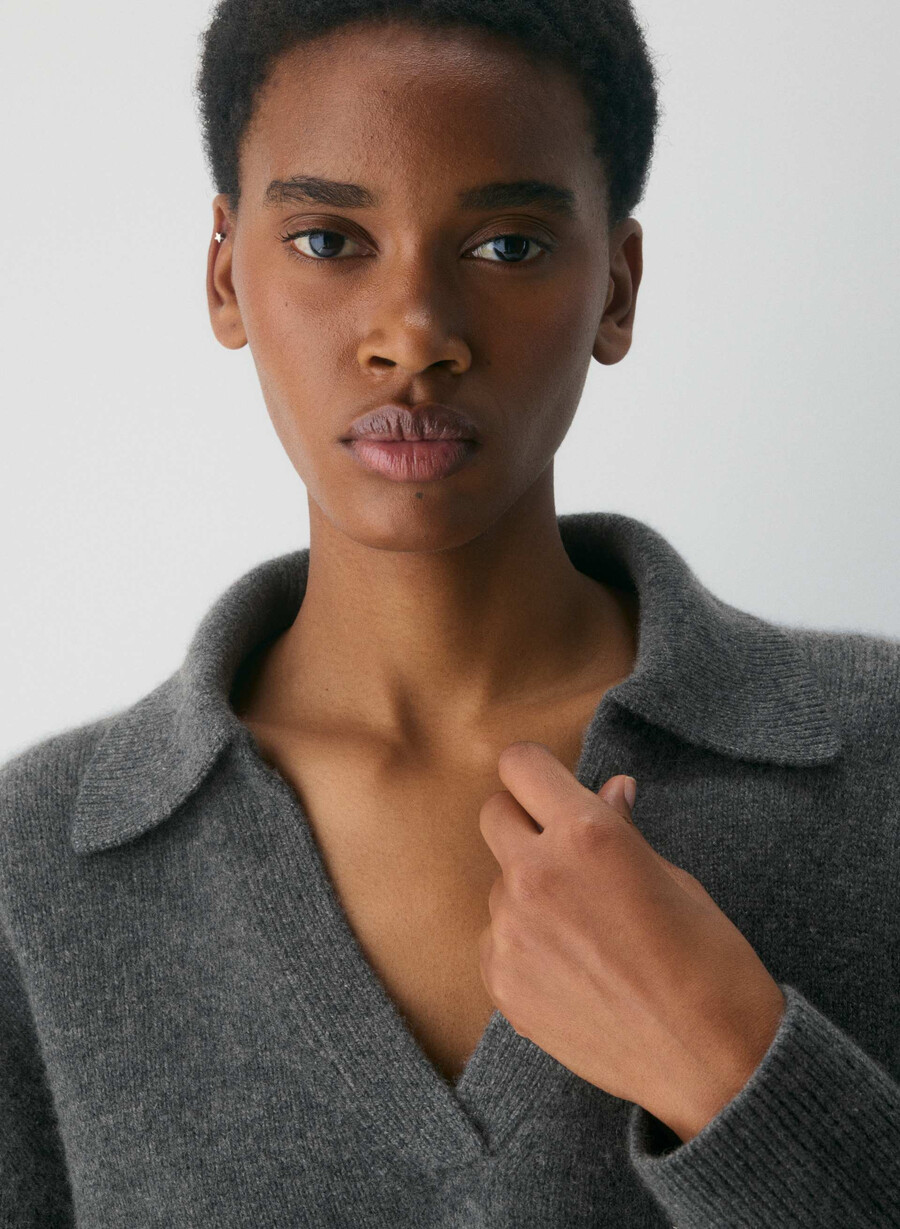plush cashmere oversized polo sweater heather charcoal