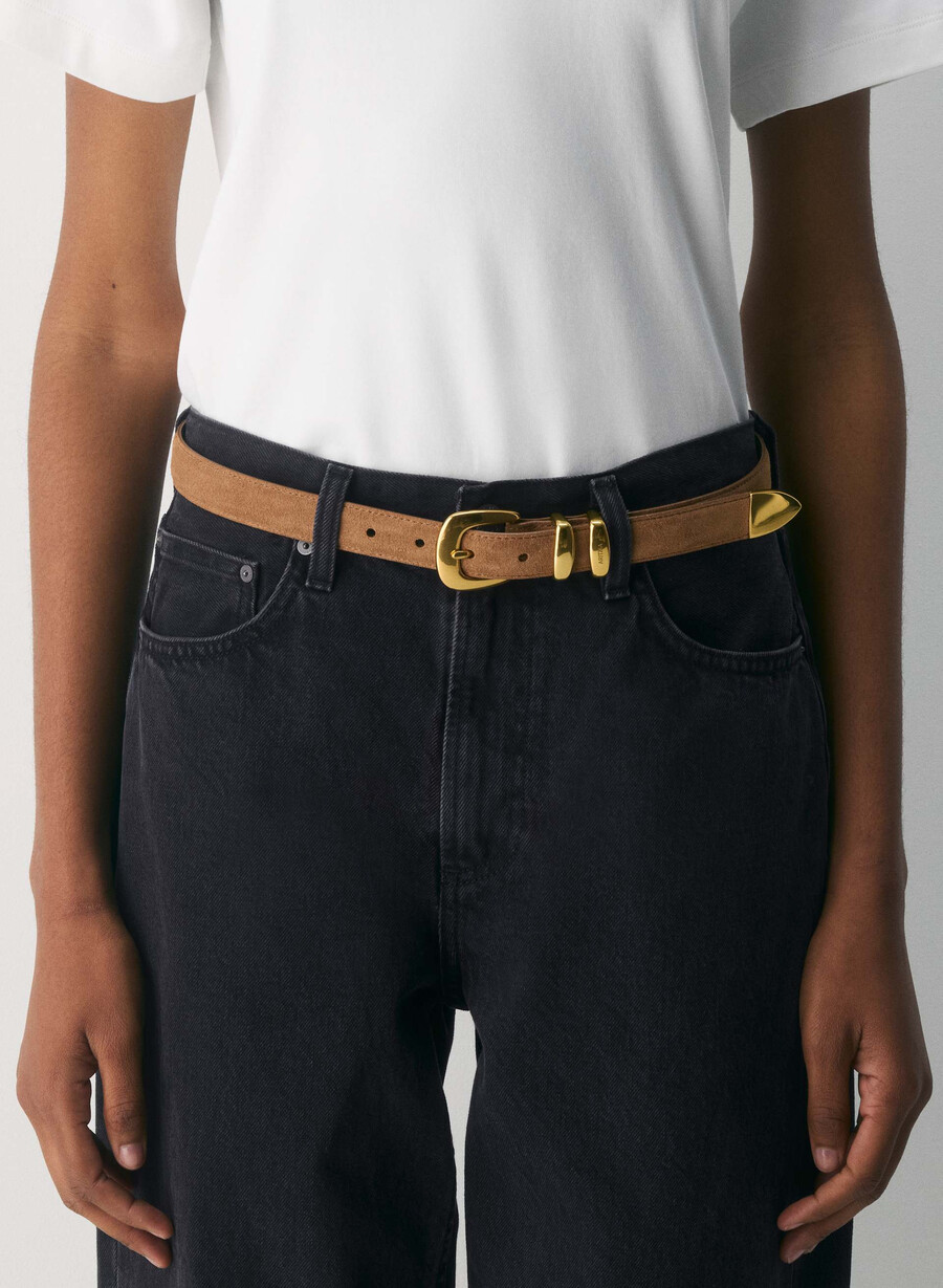 legendary solid brass suede belt raw umber browngold