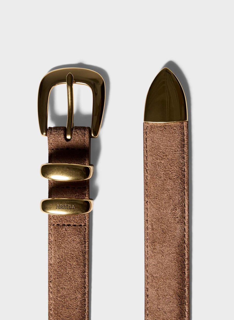 legendary solid brass suede belt raw umber browngold
