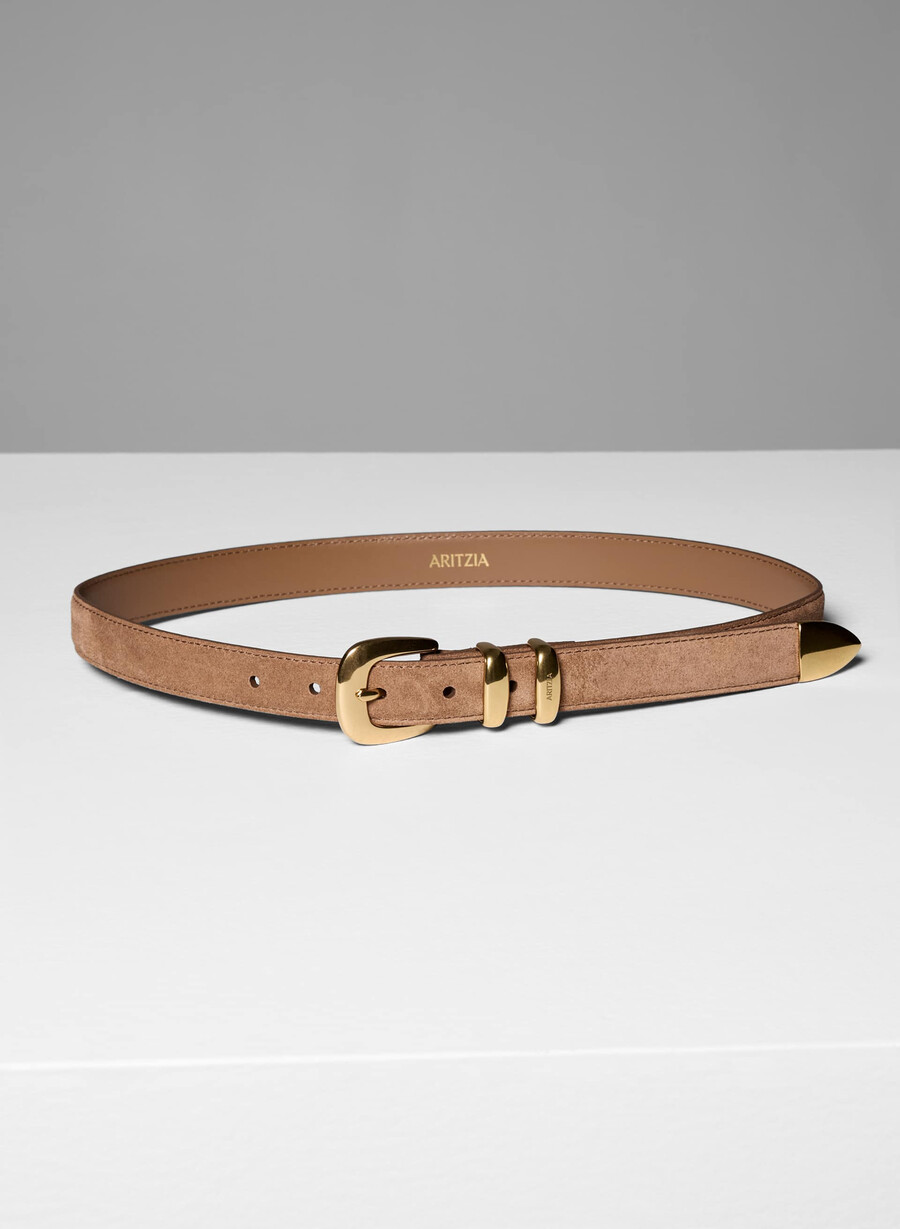 legendary solid brass suede belt raw umber browngold
