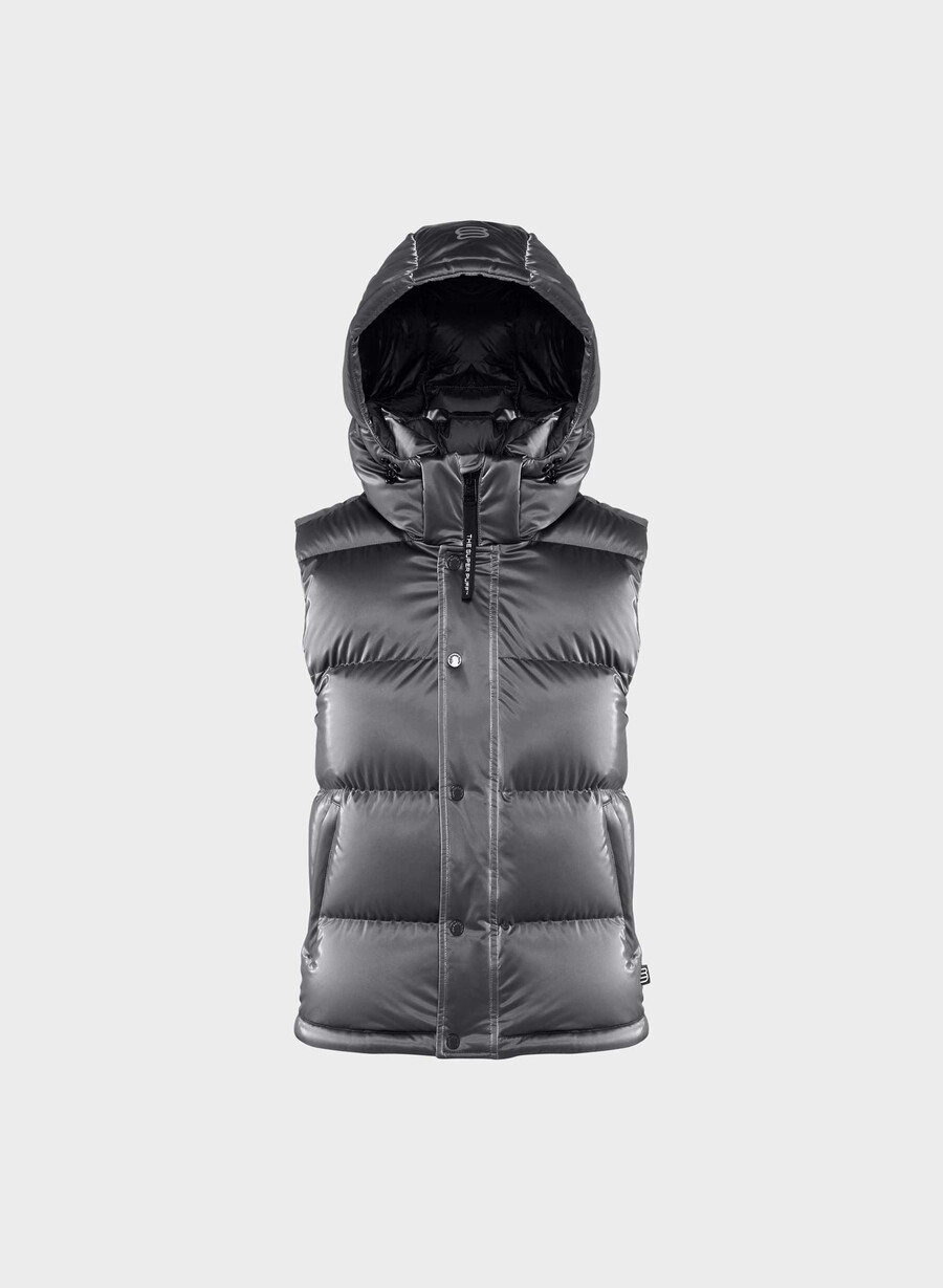 the super puff vest - liquid shine coal grey